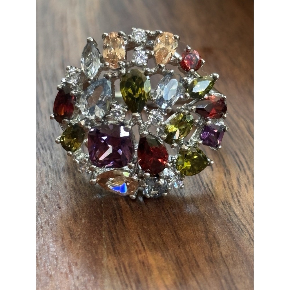 Vintage FZN Multi-Gemstone Sterling 925 Cluster Cocktail Ring Size 10